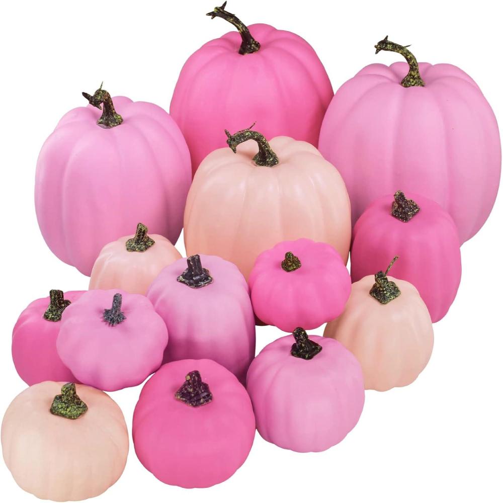 image14 pcs Assorted Harvest Artificial White and Pink Pumpkins Decorative Pumpkins Faux Foam Pumpkins for Farmhouse Fall Halloween Harvest Wedding Baby Shower Tabletop Centerpiece Mantel Kitchen DecorAssorted Pink