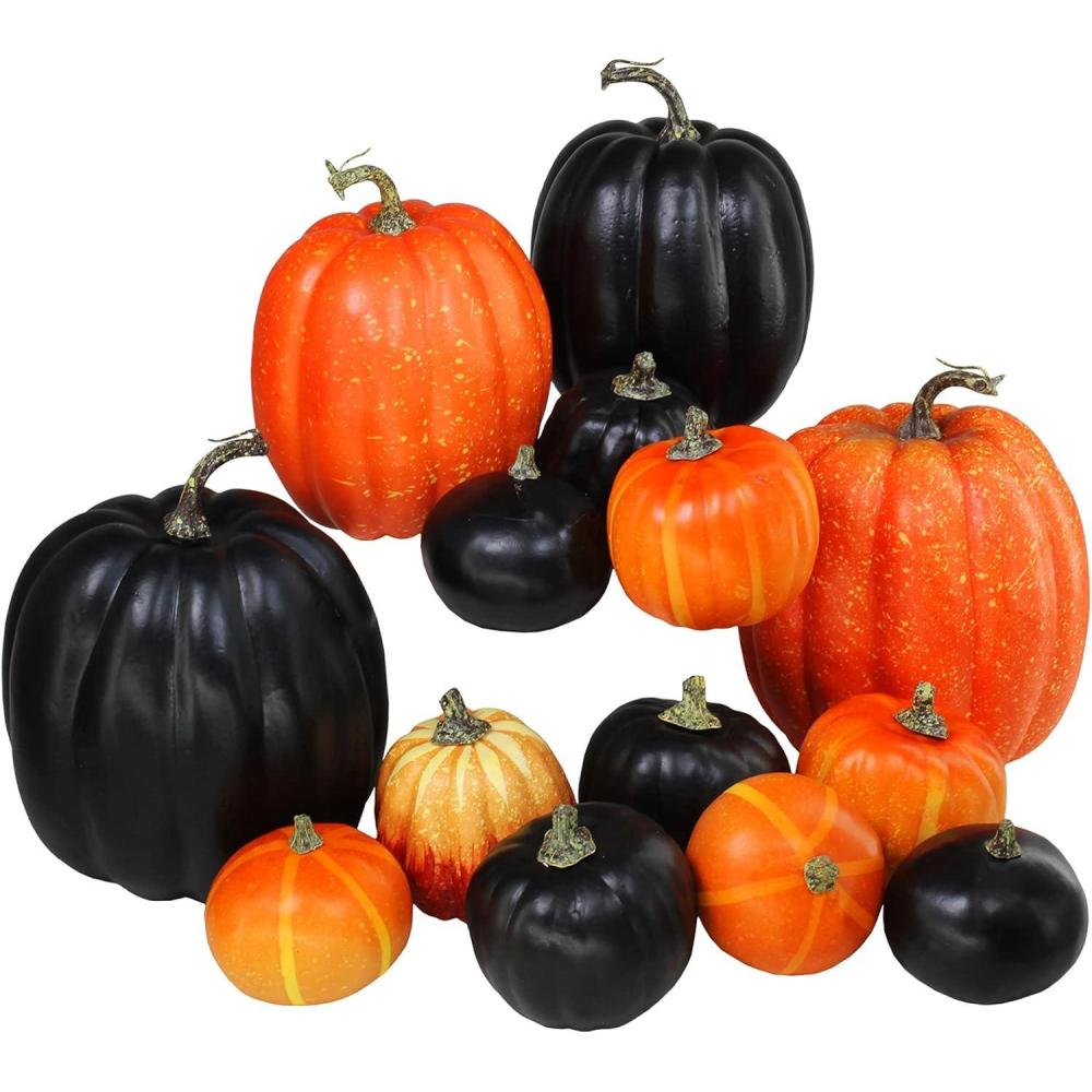 image14 pcs Assorted Harvest Artificial White and Pink Pumpkins Decorative Pumpkins Faux Foam Pumpkins for Farmhouse Fall Halloween Harvest Wedding Baby Shower Tabletop Centerpiece Mantel Kitchen DecorBlack and Orange