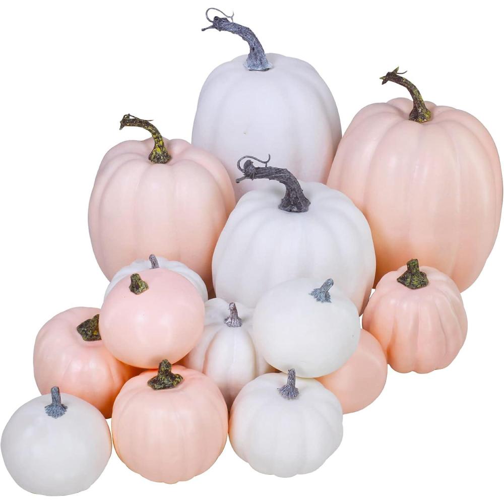 image14 pcs Assorted Harvest Artificial White and Pink Pumpkins Decorative Pumpkins Faux Foam Pumpkins for Farmhouse Fall Halloween Harvest Wedding Baby Shower Tabletop Centerpiece Mantel Kitchen DecorWhite and Pink