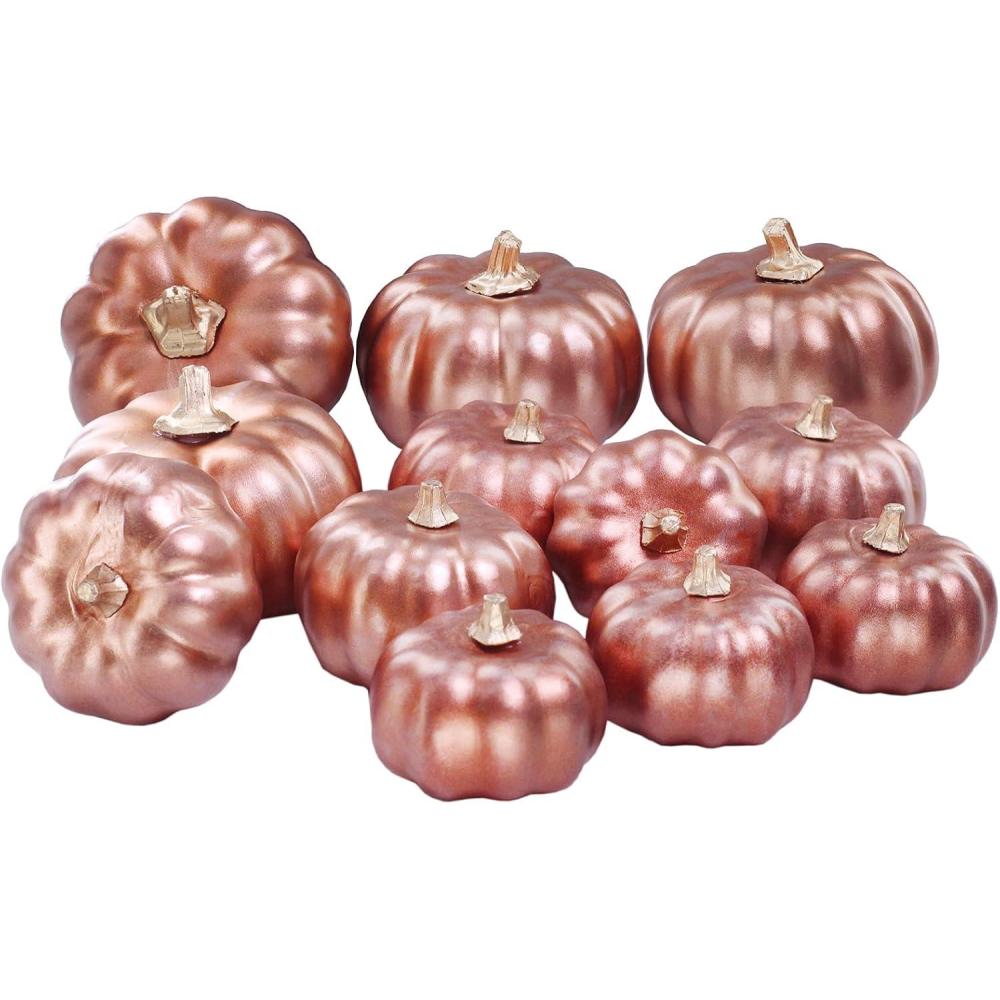 imageBESTTOYHOME 12 Pcs Assorted Small Light Pink Pumpkins  Elegant Pastel Pink Faux Decorative Pumpkins for Fall Halloween Thanksgiving Wedding Baby ShowerRose Gold