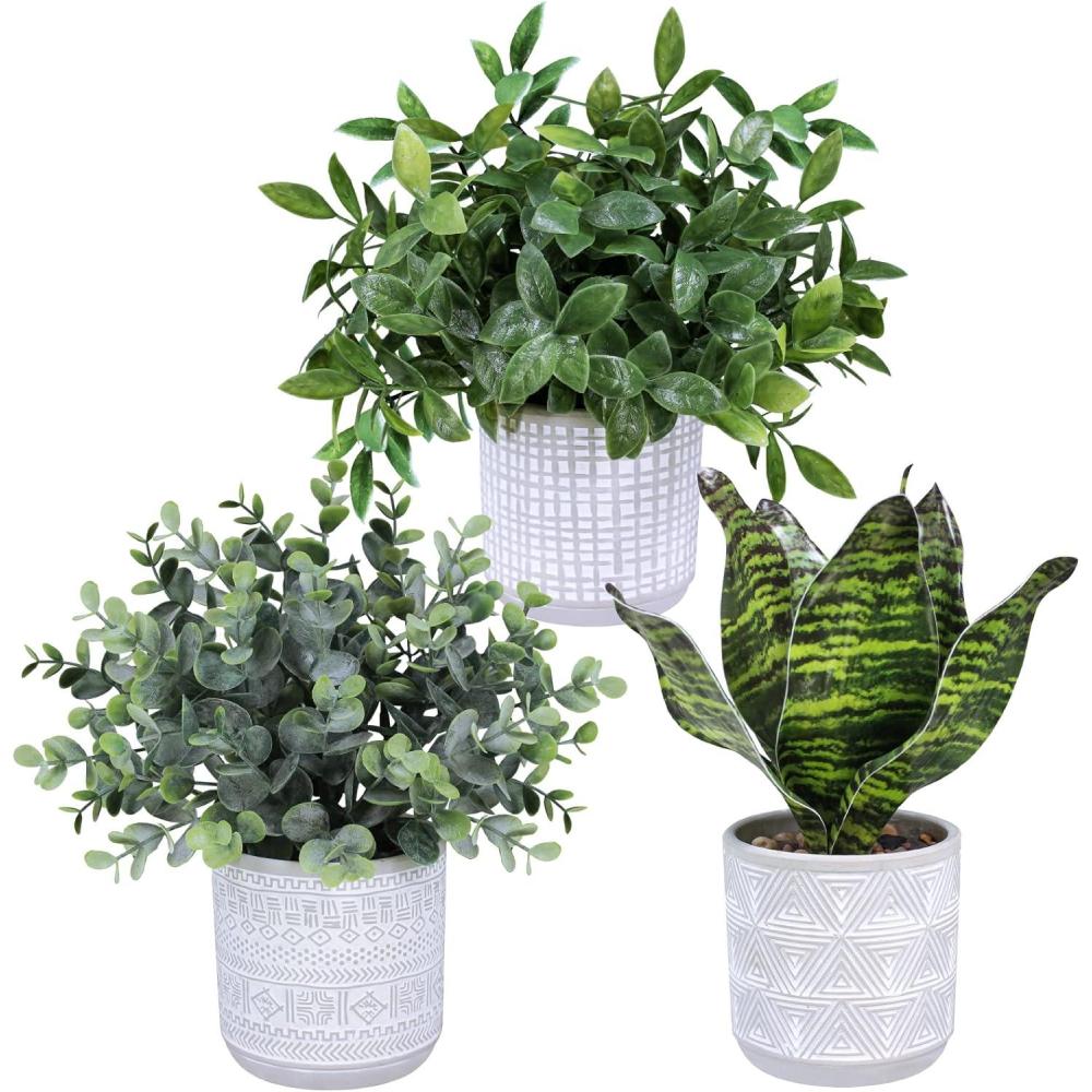 imageSet of 3 Small Potted Plants Faux Eucalyptus Plants and Tropical Snake Plant in Geometric Gray Pots for Modern Bathroom Office Table Shelf Windowsill Home Indoor Outdoor Green Dcor