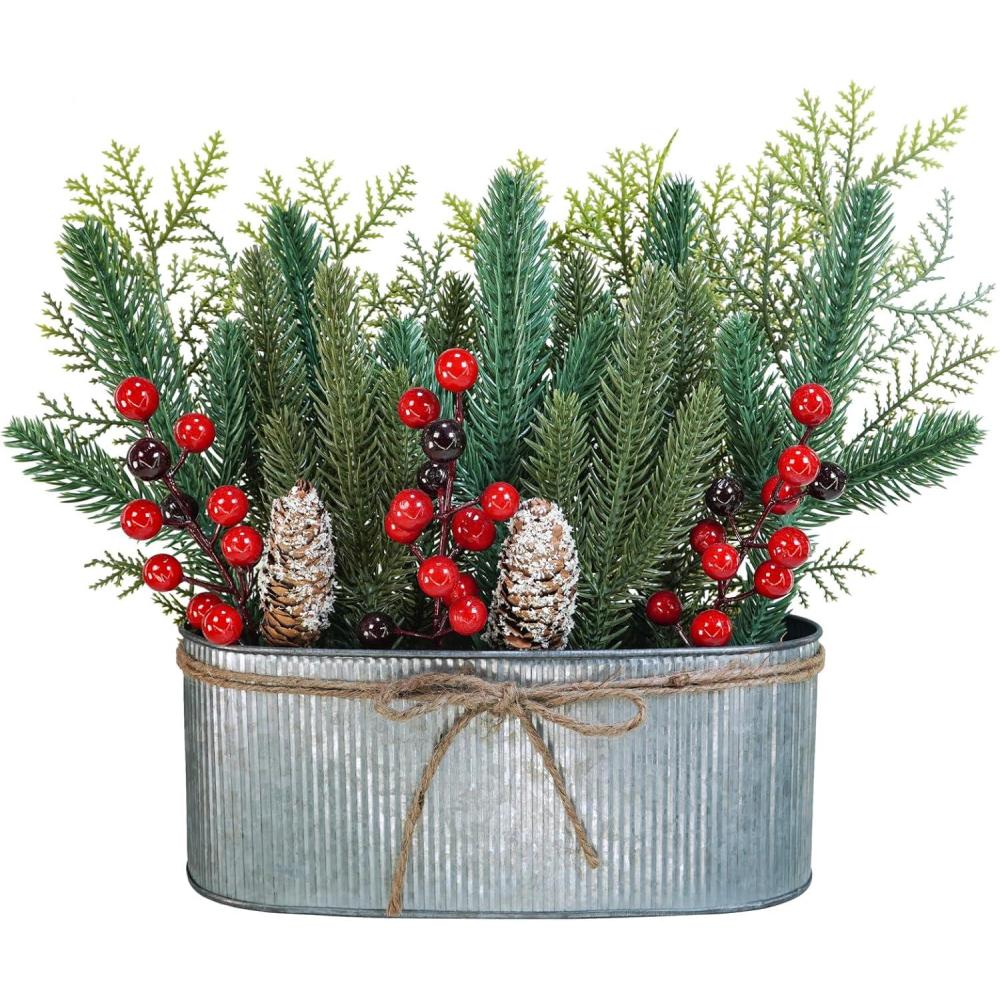 imageWinlyn 1 Pc Farmhouse Christmas Table Centerpiece Artificial Pine Cedar Berry Pinecone in Oval Metal Planter Holiday Floral Arrangement Christmas Potted Plant 157quot for Rustic Home Kitchen Mantel