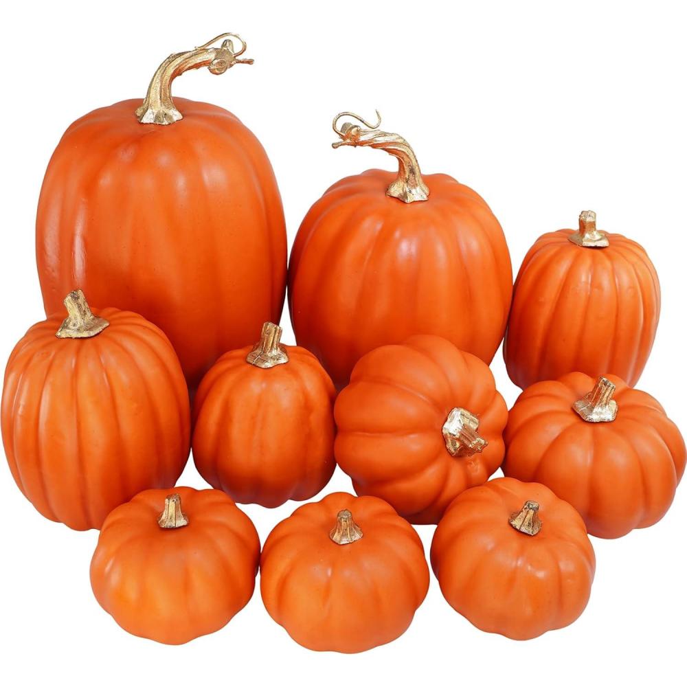 imageWinlyn 10 Pcs Assorted Navy Blue Artificial Pumpkins Dark Blue Pumpkins Decorative Pumpkins Faux Foam Pumpkins for Fall Farmhouse Thanksgiving Halloween Table Centerpiece Kitchen Table Mantel DcorDark Orange