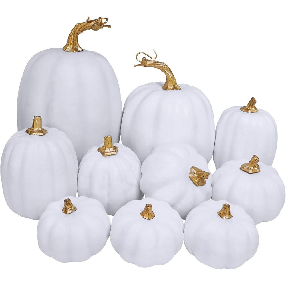 imageWinlyn 10 Pcs Assorted Navy Blue Artificial Pumpkins Dark Blue Pumpkins Decorative Pumpkins Faux Foam Pumpkins for Fall Farmhouse Thanksgiving Halloween Table Centerpiece Kitchen Table Mantel DcorWhite