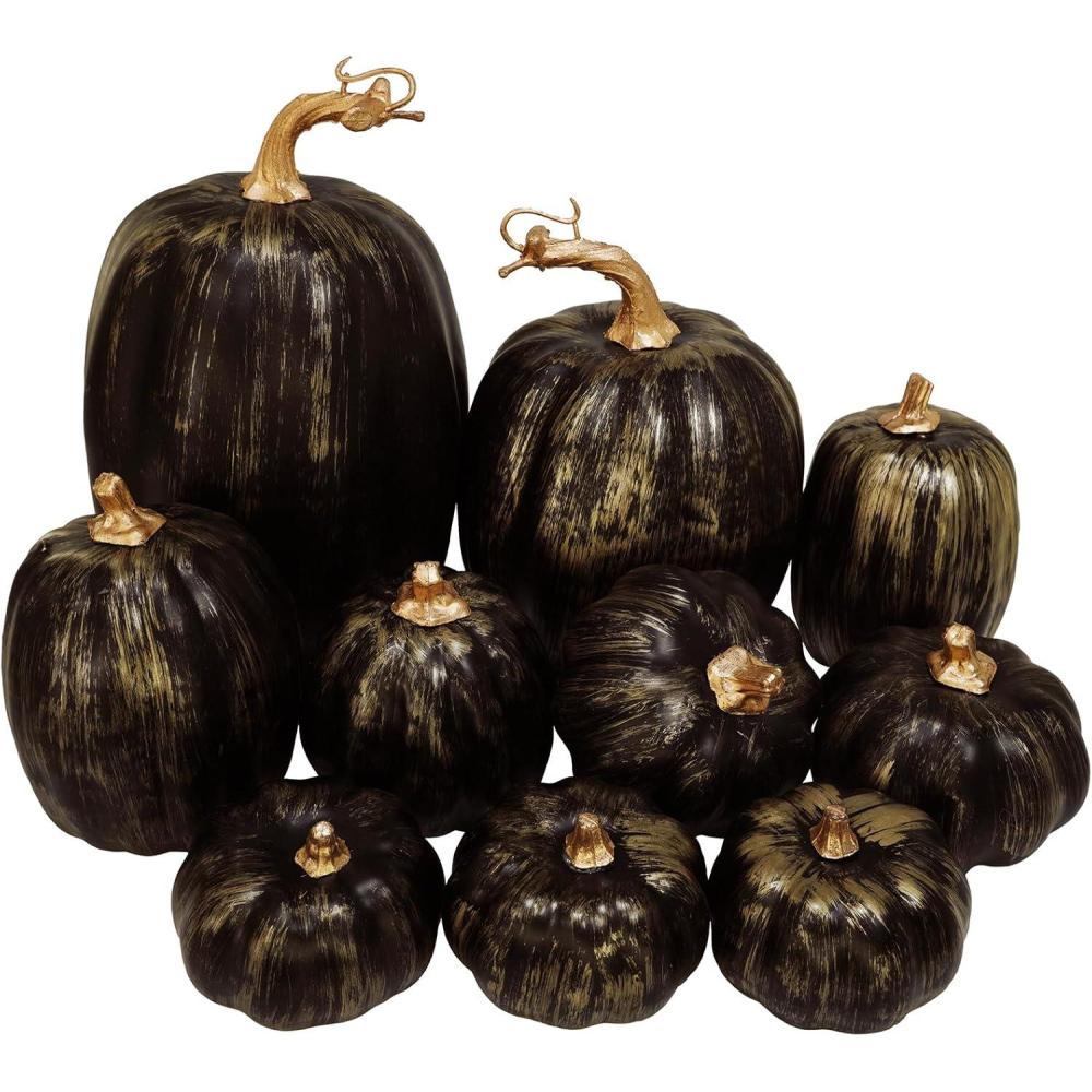 imageWinlyn 10 Pcs Assorted Navy Blue Artificial Pumpkins Dark Blue Pumpkins Decorative Pumpkins Faux Foam Pumpkins for Fall Farmhouse Thanksgiving Halloween Table Centerpiece Kitchen Table Mantel DcorGold Brush Black