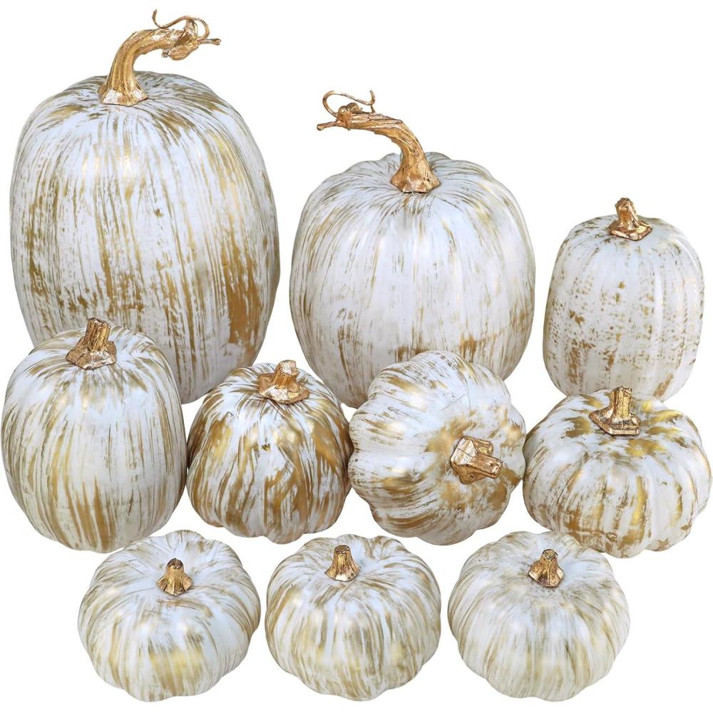 imageWinlyn 10 Pcs Assorted Navy Blue Artificial Pumpkins Dark Blue Pumpkins Decorative Pumpkins Faux Foam Pumpkins for Fall Farmhouse Thanksgiving Halloween Table Centerpiece Kitchen Table Mantel DcorGold Brush White