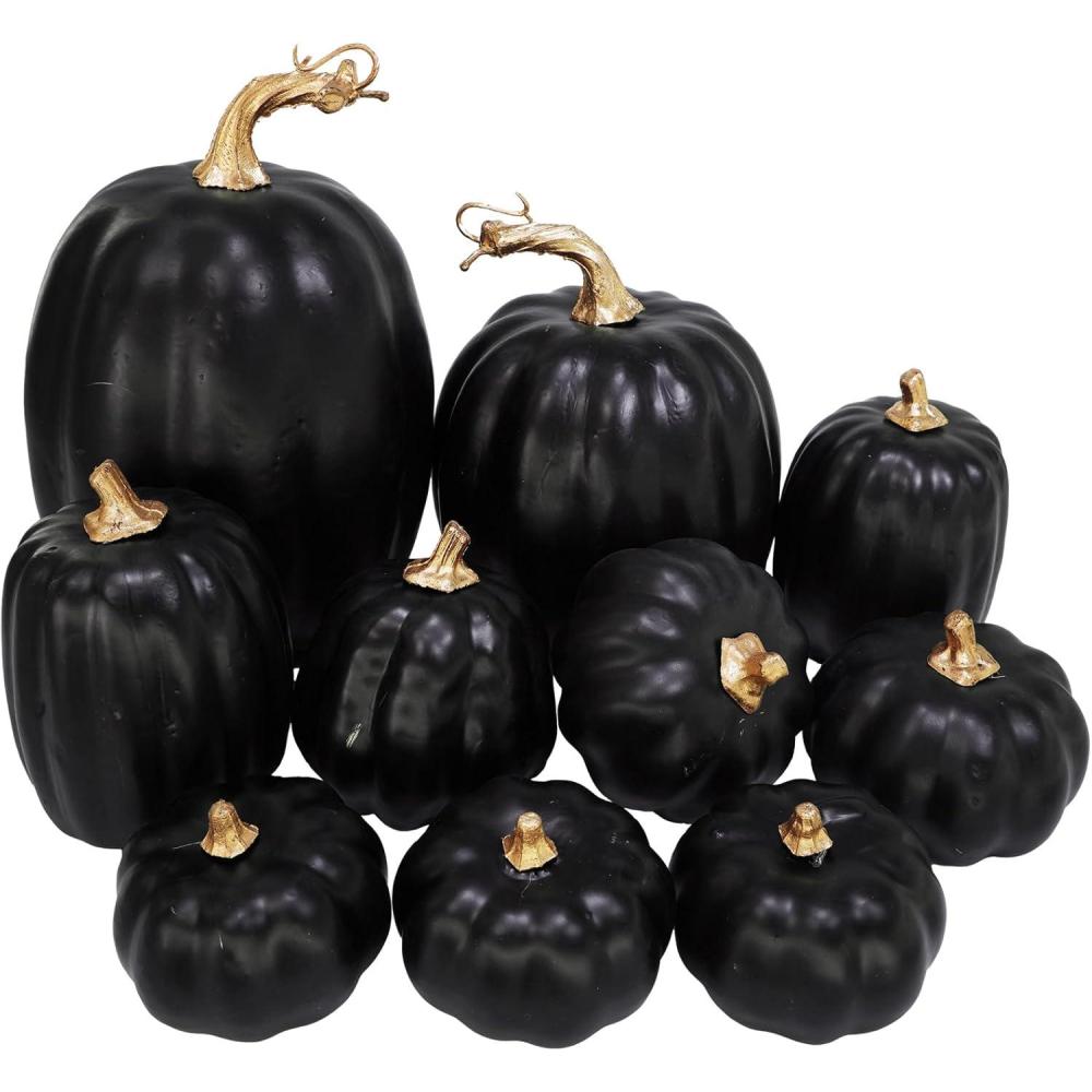 imageWinlyn 10 Pcs Assorted Navy Blue Artificial Pumpkins Dark Blue Pumpkins Decorative Pumpkins Faux Foam Pumpkins for Fall Farmhouse Thanksgiving Halloween Table Centerpiece Kitchen Table Mantel DcorSolid Black