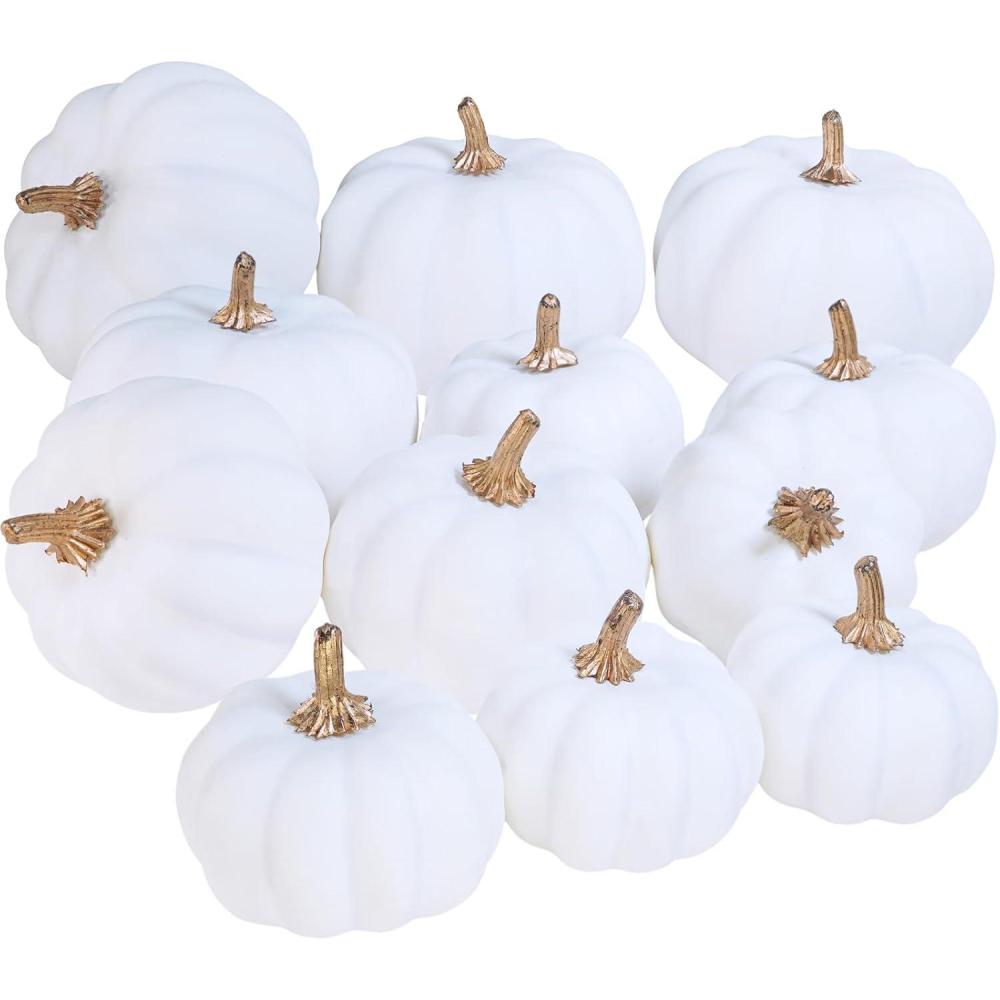 imageWinlyn 12 Pcs Assorted Orange Harvest Artificial Pumpkins Small Decorative Fall Pumpkins Dark Orange Faux Foam Pumpkins for Halloween Thanksgiving Autumn Wedding Decor Bowl Display Wreath CenterpieceWhite