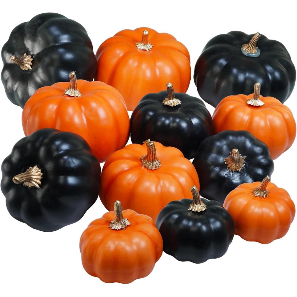 imageWinlyn 12 Pcs Assorted Orange Harvest Artificial Pumpkins Small Decorative Fall Pumpkins Dark Orange Faux Foam Pumpkins for Halloween Thanksgiving Autumn Wedding Decor Bowl Display Wreath CenterpieceOrange and Black