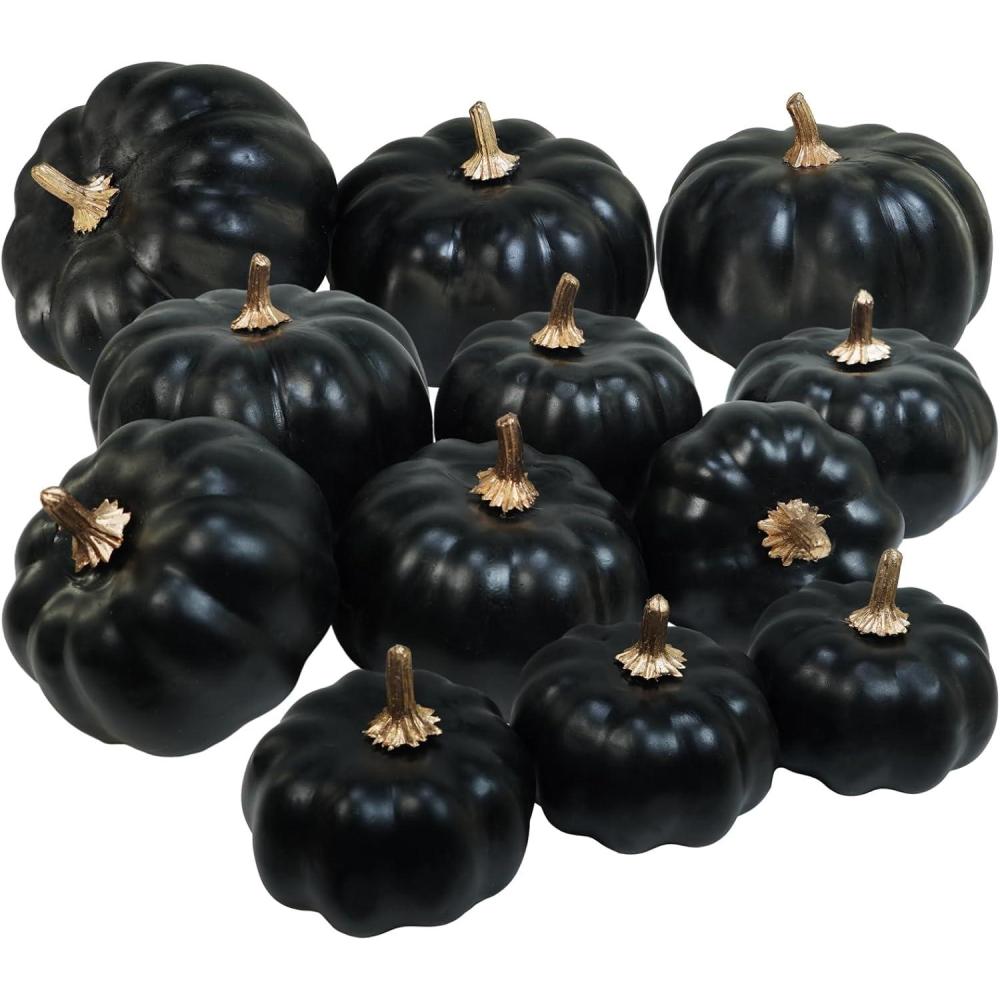 imageWinlyn 12 Pcs Assorted Orange Harvest Artificial Pumpkins Small Decorative Fall Pumpkins Dark Orange Faux Foam Pumpkins for Halloween Thanksgiving Autumn Wedding Decor Bowl Display Wreath CenterpieceBlack