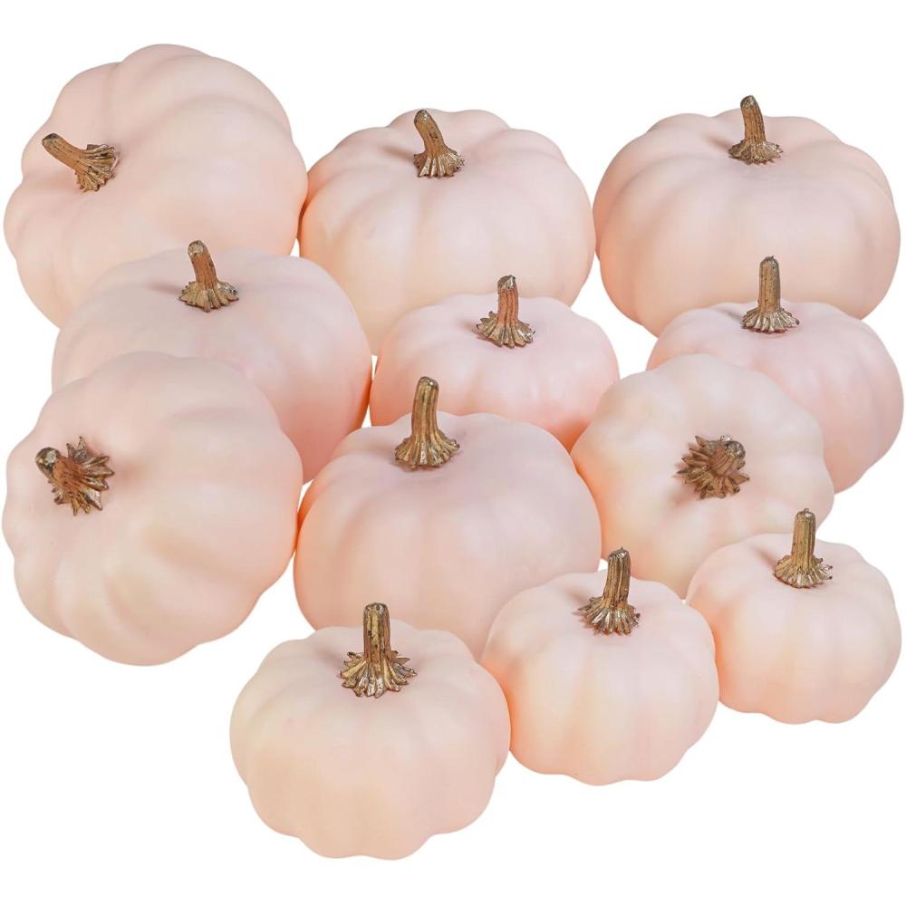 imageWinlyn 12 Pcs Assorted Orange Harvest Artificial Pumpkins Small Decorative Fall Pumpkins Dark Orange Faux Foam Pumpkins for Halloween Thanksgiving Autumn Wedding Decor Bowl Display Wreath CenterpieceLight Pink
