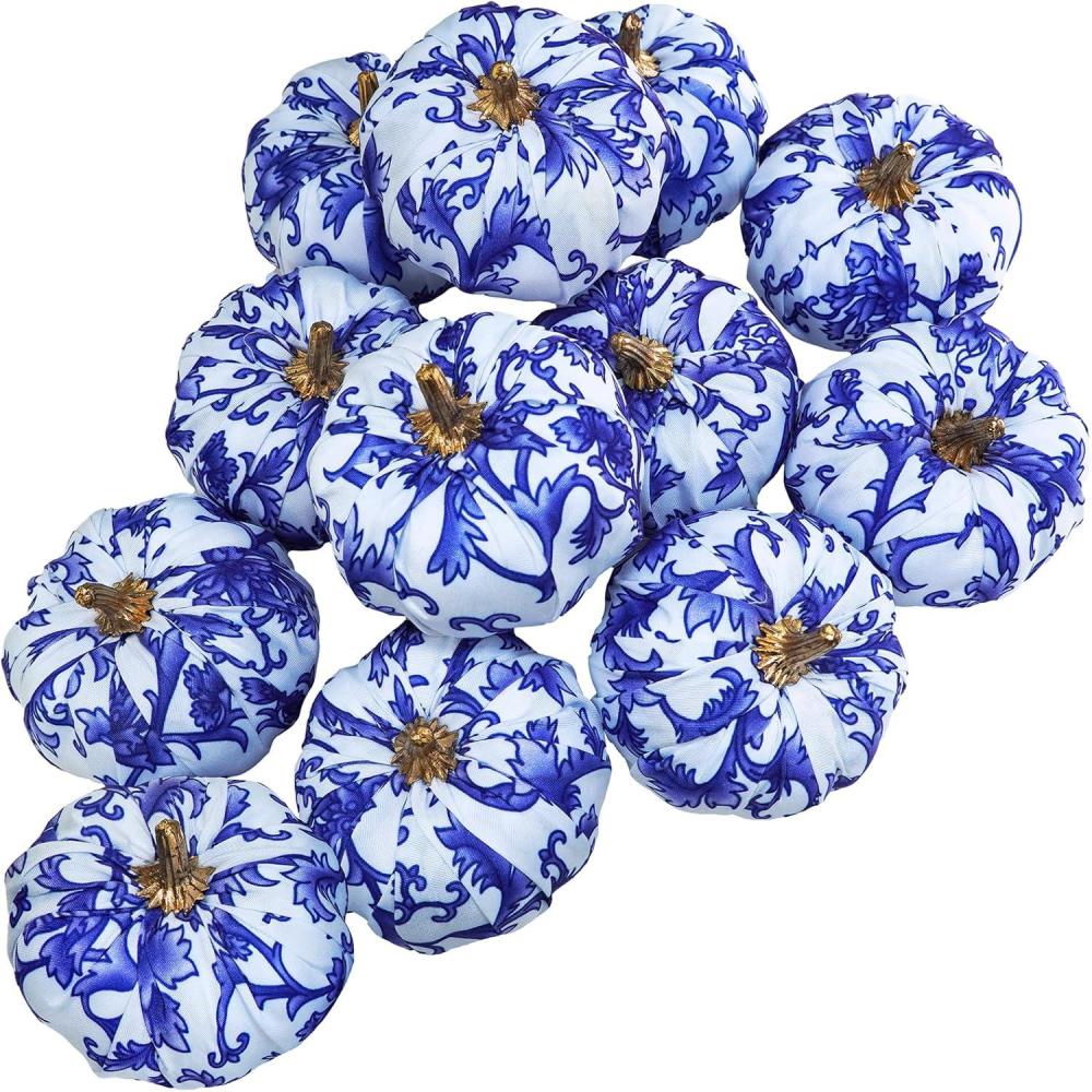 imageWinlyn 12 Pcs Assorted Small Faux Velvet Pumpkins Decorative Teal Blue Green Turquoise Fabric Foam Pumpkins 3quot for Farmhouse Fall Wedding Halloween Thanksgiving Table Centerpiece Mantel DecorBlue and White