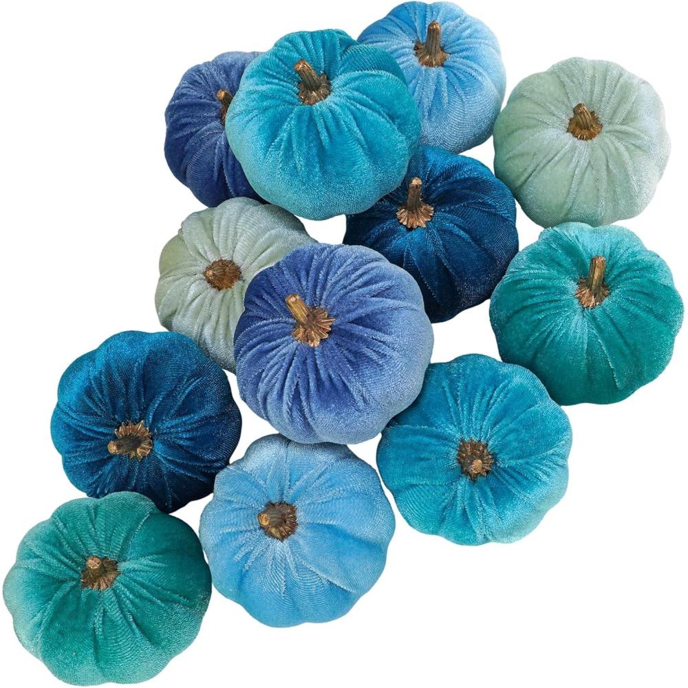 imageWinlyn 12 Pcs Assorted Small Faux Velvet Pumpkins Decorative Teal Blue Green Turquoise Fabric Foam Pumpkins 3quot for Farmhouse Fall Wedding Halloween Thanksgiving Table Centerpiece Mantel DecorBlue