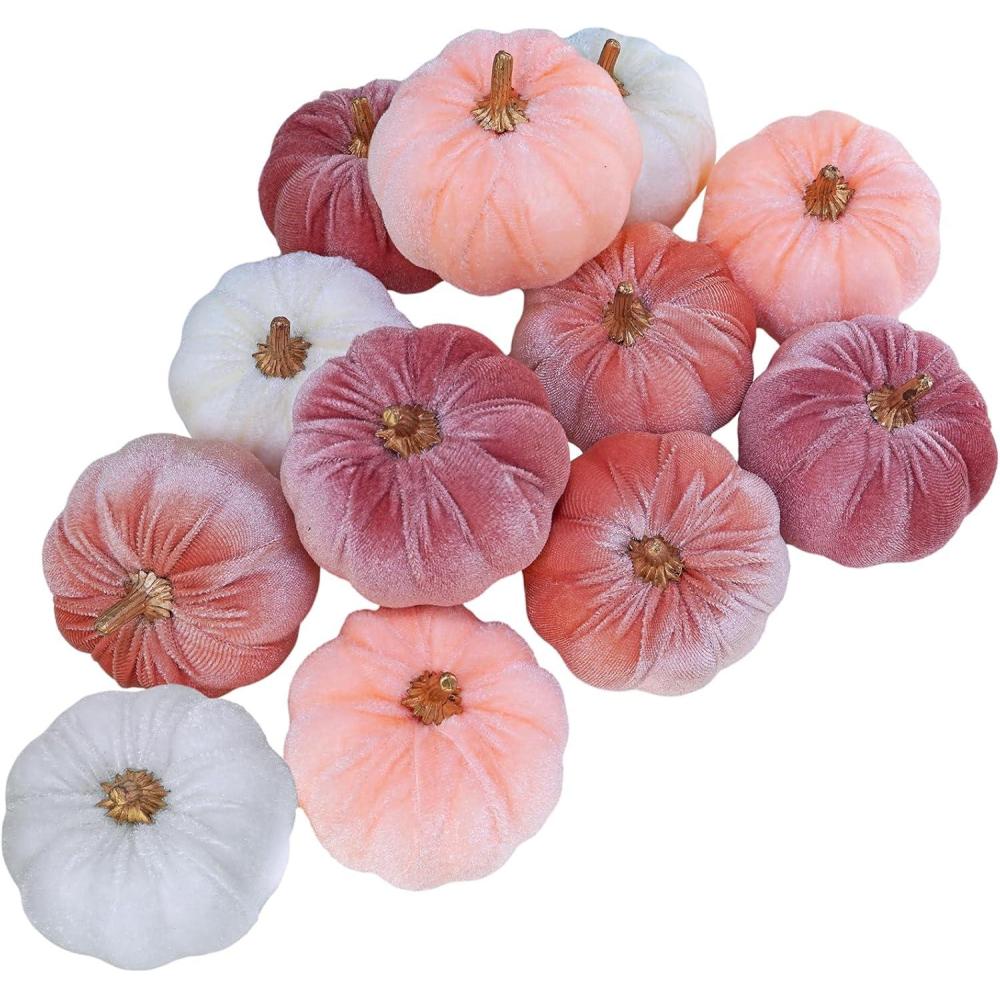 imageWinlyn 12 Pcs Assorted Small Faux Velvet Pumpkins Decorative Teal Blue Green Turquoise Fabric Foam Pumpkins 3quot for Farmhouse Fall Wedding Halloween Thanksgiving Table Centerpiece Mantel DecorBlush Pink and White