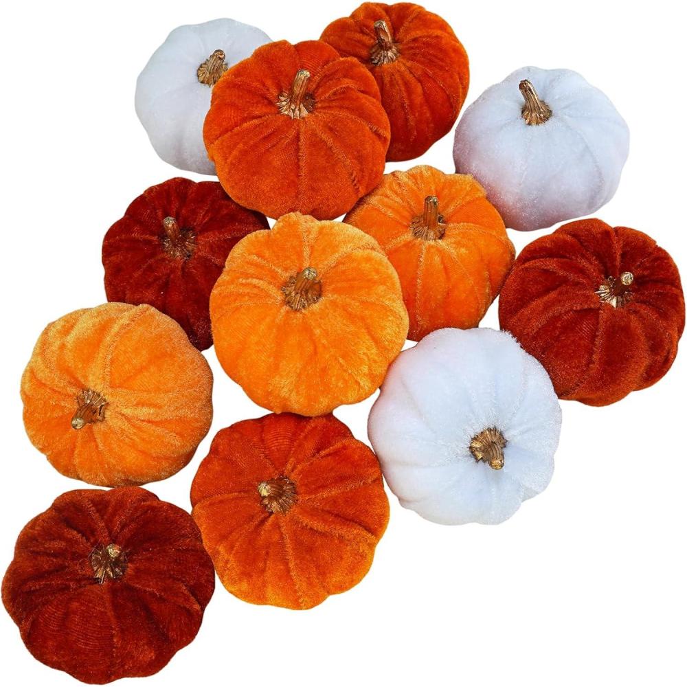 imageWinlyn 12 Pcs Assorted Small Faux Velvet Pumpkins Decorative Teal Blue Green Turquoise Fabric Foam Pumpkins 3quot for Farmhouse Fall Wedding Halloween Thanksgiving Table Centerpiece Mantel DecorOrange and White