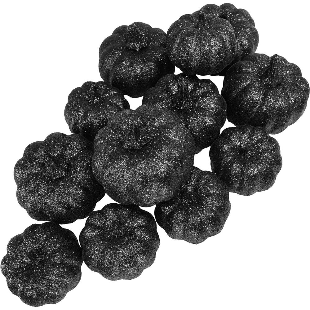 imageWinlyn 12 Pcs Champagne Glitter Artificial Pumpkins Small Decorative Pumpkins Harvest Pumpkins Foam Pumpkins for Fall Autumn Wedding Baby Shower Thanksgiving Halloween Holiday Party Mantel Table DcorBlack