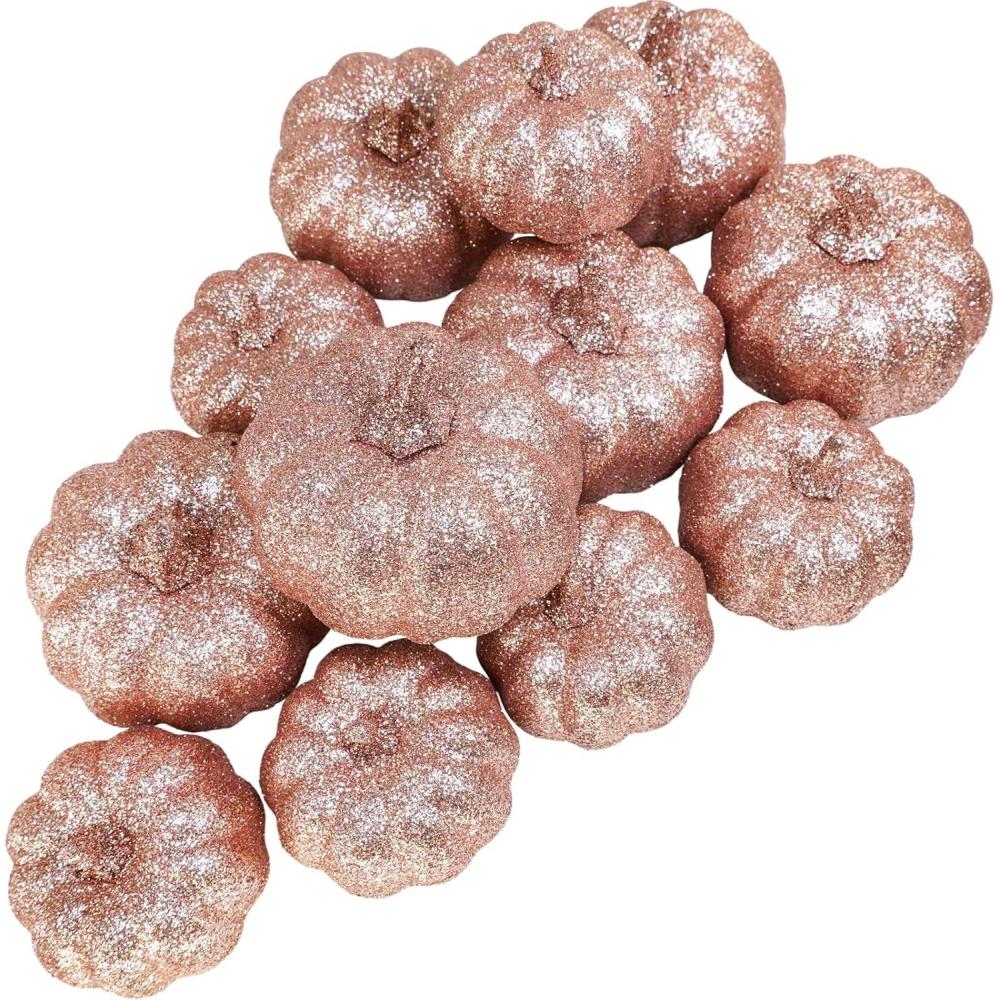 imageWinlyn 12 Pcs Champagne Glitter Artificial Pumpkins Small Decorative Pumpkins Harvest Pumpkins Foam Pumpkins for Fall Autumn Wedding Baby Shower Thanksgiving Halloween Holiday Party Mantel Table DcorRose Gold