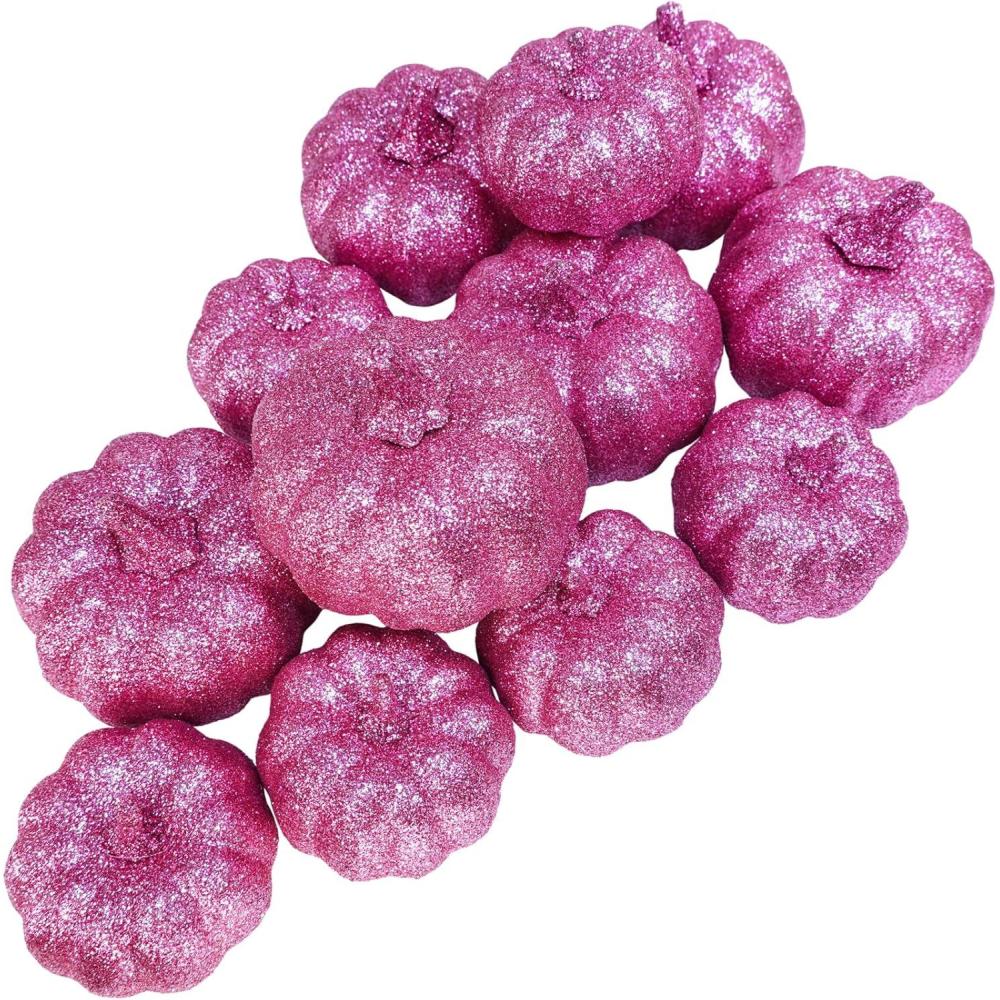 imageWinlyn 12 Pcs Champagne Glitter Artificial Pumpkins Small Decorative Pumpkins Harvest Pumpkins Foam Pumpkins for Fall Autumn Wedding Baby Shower Thanksgiving Halloween Holiday Party Mantel Table DcorPink