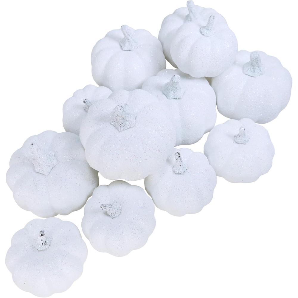 imageWinlyn 12 Pcs Champagne Glitter Artificial Pumpkins Small Decorative Pumpkins Harvest Pumpkins Foam Pumpkins for Fall Autumn Wedding Baby Shower Thanksgiving Halloween Holiday Party Mantel Table DcorWhite