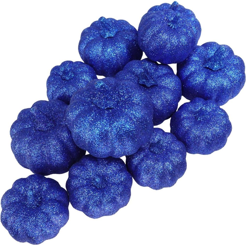 imageWinlyn 12 Pcs Champagne Glitter Artificial Pumpkins Small Decorative Pumpkins Harvest Pumpkins Foam Pumpkins for Fall Autumn Wedding Baby Shower Thanksgiving Halloween Holiday Party Mantel Table DcorBlue