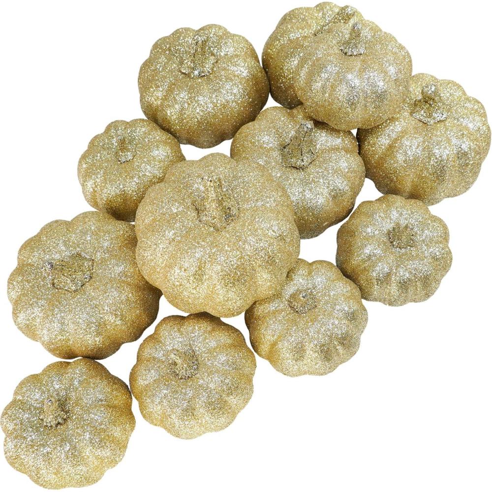 imageWinlyn 12 Pcs Champagne Glitter Artificial Pumpkins Small Decorative Pumpkins Harvest Pumpkins Foam Pumpkins for Fall Autumn Wedding Baby Shower Thanksgiving Halloween Holiday Party Mantel Table DcorChampagne