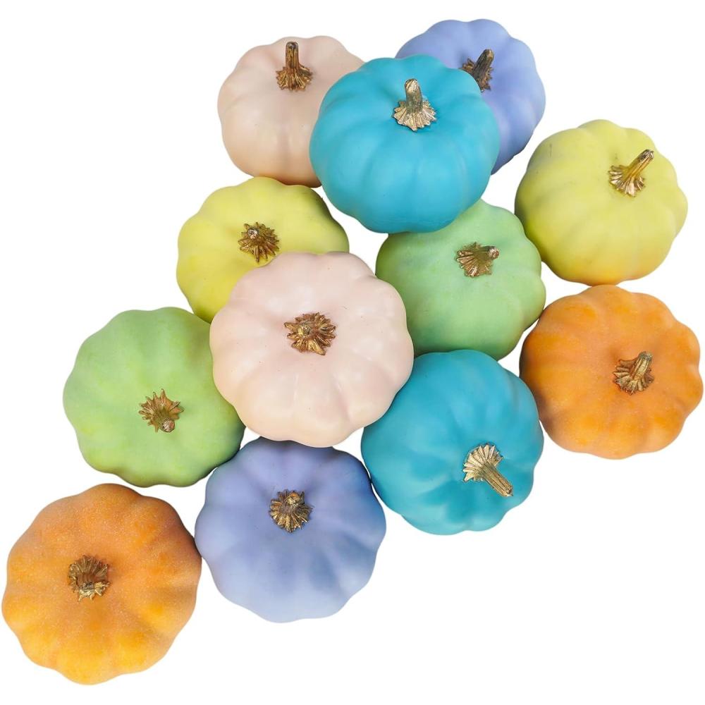 imageWinlyn 12 Pcs Small Artificial Pink Faux Pumpkins Decorative Foam Pumpkins for Fall Wedding Halloween Thanksgiving Baby Shower Table Centerpiece Farmhouse Mantel DecorColorful