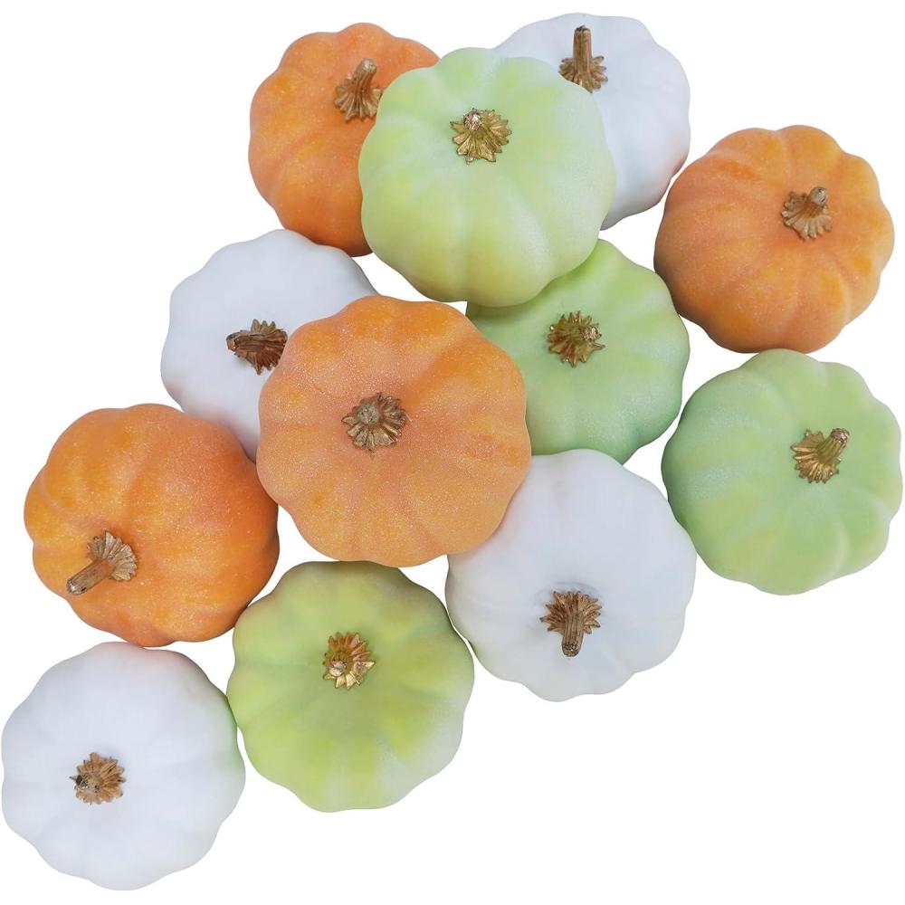 imageWinlyn 12 Pcs Small Artificial Pink Faux Pumpkins Decorative Foam Pumpkins for Fall Wedding Halloween Thanksgiving Baby Shower Table Centerpiece Farmhouse Mantel DecorGreen  Orange  White