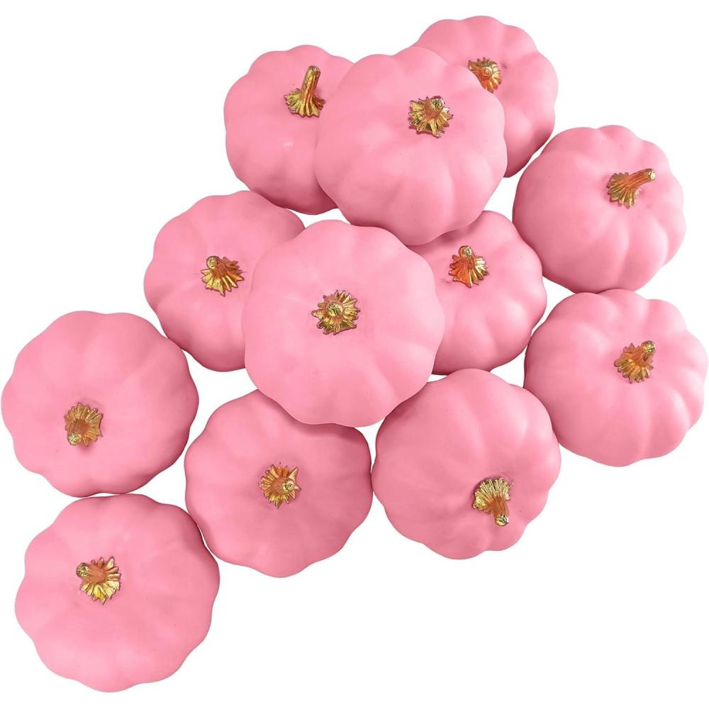 imageWinlyn 12 Pcs Small Artificial Pink Faux Pumpkins Decorative Foam Pumpkins for Fall Wedding Halloween Thanksgiving Baby Shower Table Centerpiece Farmhouse Mantel DecorPink