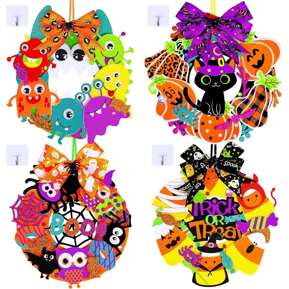 imageWinlyn 12 Sets Halloween Craft Kits  Fall DIY Wreath Decorations Art Sets With Pumpkin Monster Candy Corn Spider Bat  Foam Stickers for Kids Classroom Activities