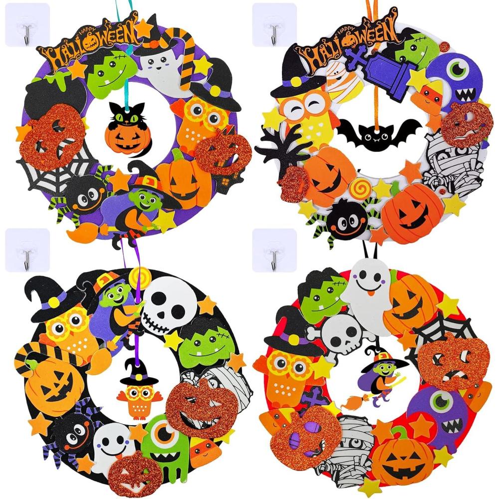 imageWinlyn 12 Sets Halloween Wreath Decorations Foam Halloween Wreath Signs Craft Kits Pumpkins JackOLantern Owl Ghost Witch Bats Monster Stickers for Kids Art Gift Favors TrickOrTreaters Front Door