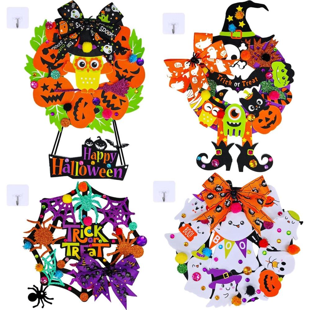 imageWinlyn 12 Sets Halloween Wreath Signs Decorations DIY Halloween Craft Kits Fall Kids Crafts Art Sets Ghost Spider Web Witch Hat Pumpkin Foam Stickers Arts and Crafts for Kids Home Classroom Activities