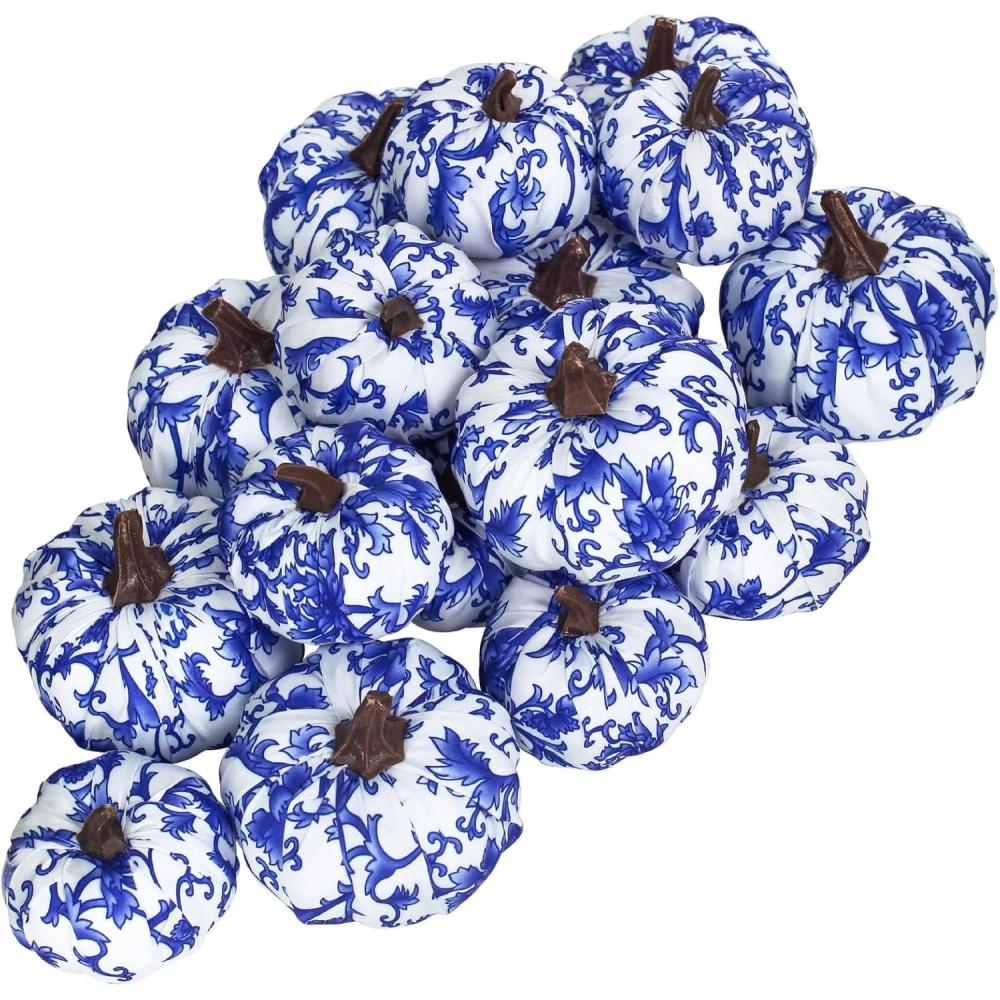 imageWinlyn 16 Pcs Assorted Small Faux Rustic Harvest Velvet Pumpkins Decorative Rust Orange Gold Olive Gray Fabric Pumpkins Foam Pumpkins Farmhouse Fall Thanksgiving Halloween Table Centerpiece DecorBlue and White