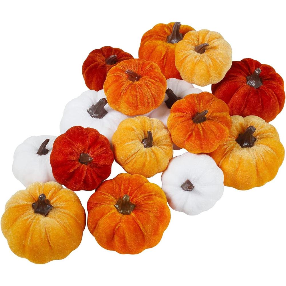 imageWinlyn 16 Pcs Assorted Small Faux Rustic Harvest Velvet Pumpkins Decorative Rust Orange Gold Olive Gray Fabric Pumpkins Foam Pumpkins Farmhouse Fall Thanksgiving Halloween Table Centerpiece DecorOrange and White