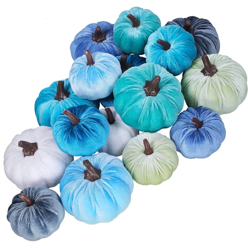 imageWinlyn 16 Pcs Assorted Small Faux Rustic Harvest Velvet Pumpkins Decorative Rust Orange Gold Olive Gray Fabric Pumpkins Foam Pumpkins Farmhouse Fall Thanksgiving Halloween Table Centerpiece DecorBlue
