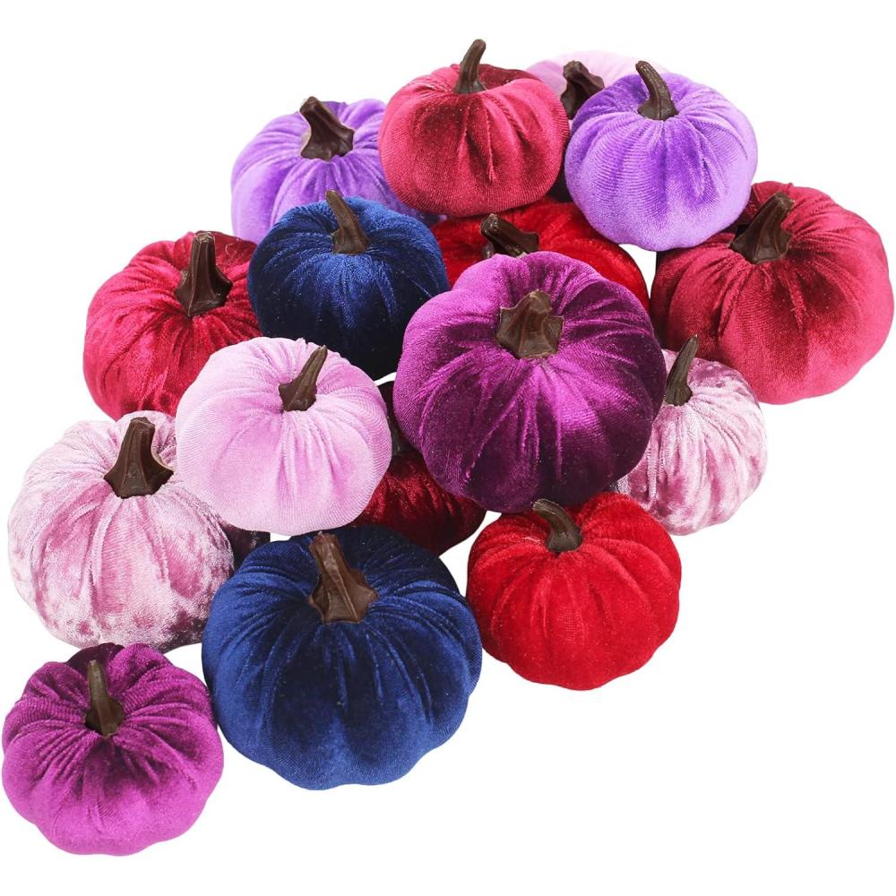 imageWinlyn 16 Pcs Assorted Small Faux Rustic Harvest Velvet Pumpkins Decorative Rust Orange Gold Olive Gray Fabric Pumpkins Foam Pumpkins Farmhouse Fall Thanksgiving Halloween Table Centerpiece DecorRed and Purple