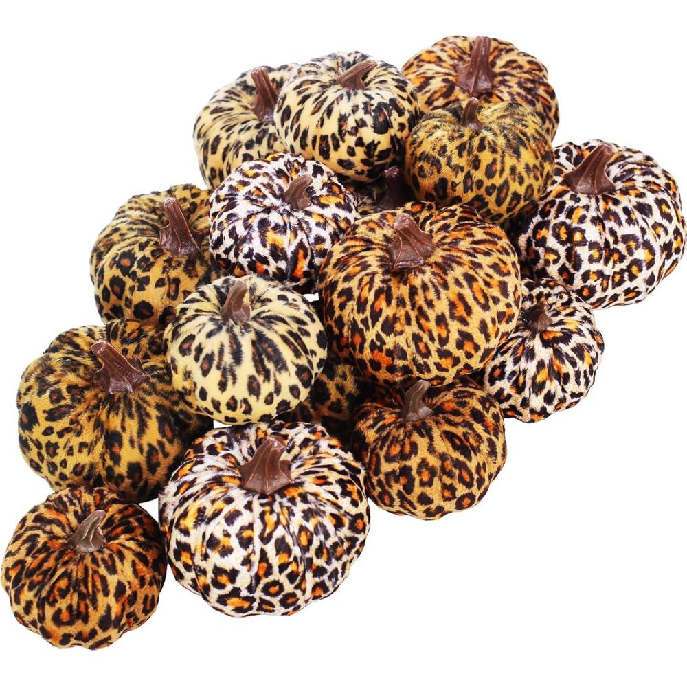 imageWinlyn 16 Pcs Assorted Small Faux Rustic Harvest Velvet Pumpkins Decorative Rust Orange Gold Olive Gray Fabric Pumpkins Foam Pumpkins Farmhouse Fall Thanksgiving Halloween Table Centerpiece DecorLeopard Print