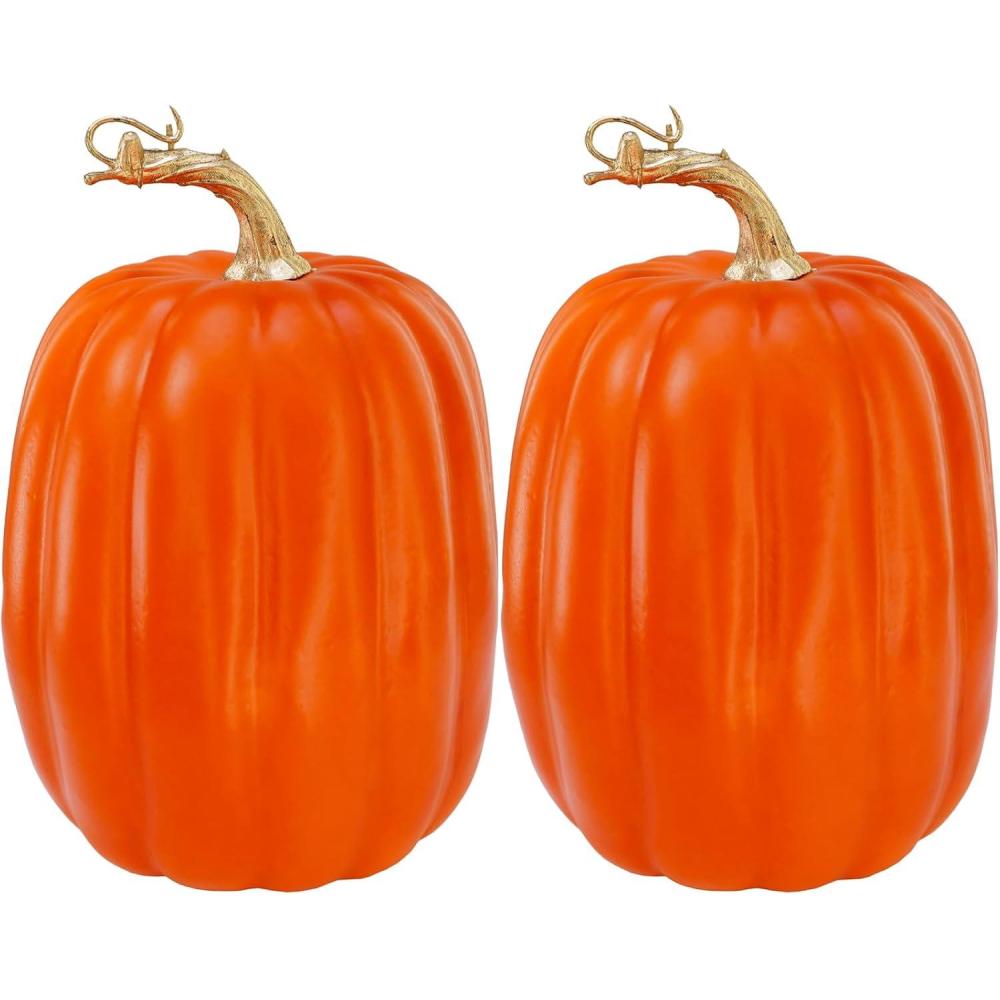 imageWinlyn 2 Pcs Large Artificial Pumpkins 87quot Harvest Cream Faux Pumpkins Decorative Pumpkins Big Foam Pumpkins for Fall Autumn Wedding Baby Shower Thanksgiving Halloween Party Decor Table CenterpieceDark Orange