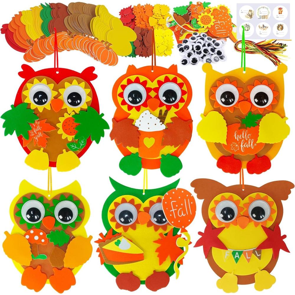 imageWinlyn 24 Sets Fall Craft Kits Thanksgiving Crafts DIY Fall Owl Ornaments Decoration Art Sets Autum Owl Maple Leaf Pumpkin Arts and Crafts Harvest Foam Stickers for Kids Halloween Classroom Activities