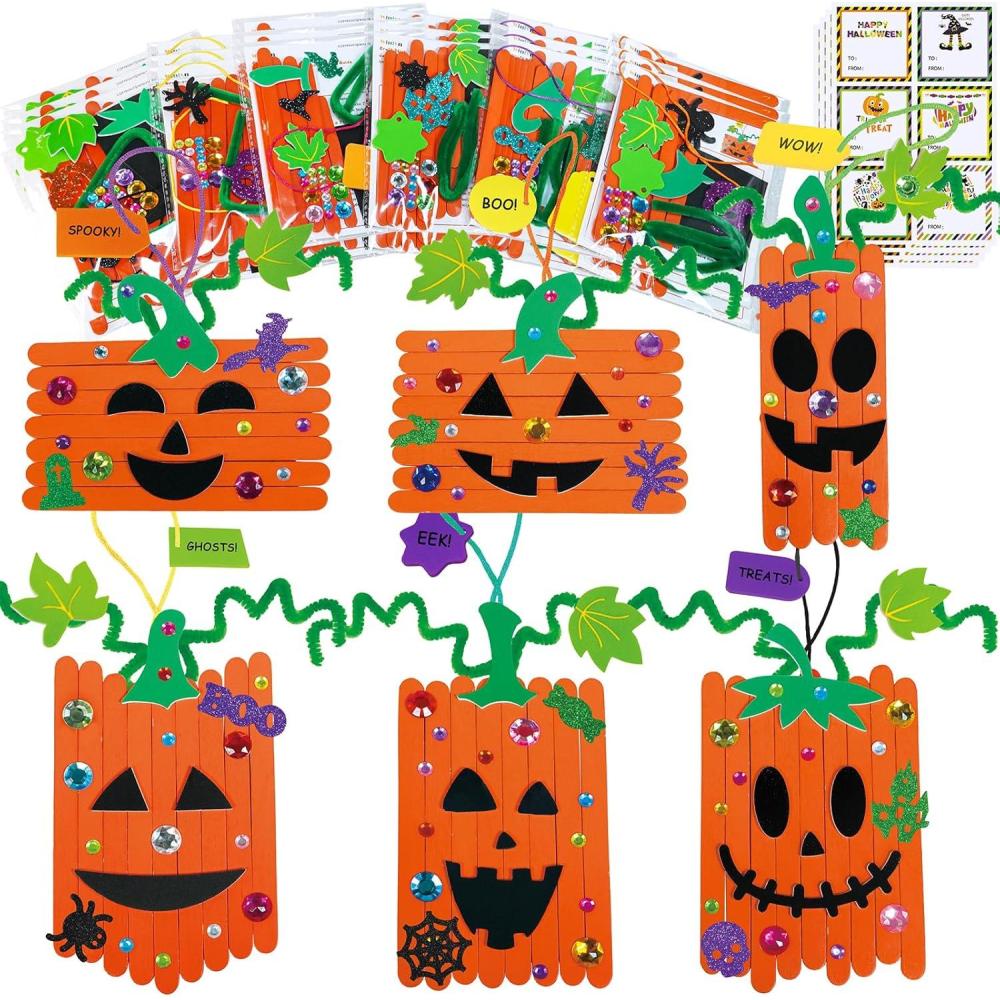 imageWinlyn 24 Sets Fall Crafts Kits Halloween Crafts Individual Fall Kids Crafts DIY Pumpkin Fall Decorations Craft Sticks Pumpkin Foam Stickers Arts and Crafts for Kids Classroom Activities Party Favors