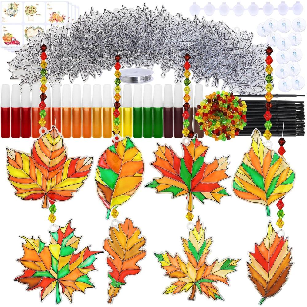 imageWinlyn 24 Sets Fall Leaf Suncatchers Ornaments DIY Window Paint Art Fall Craft Kits Maple Leaf Sun Catchers Painting Kits for Kids Classroom Activities Art Project Thanksgiving Autumn Party Decoration