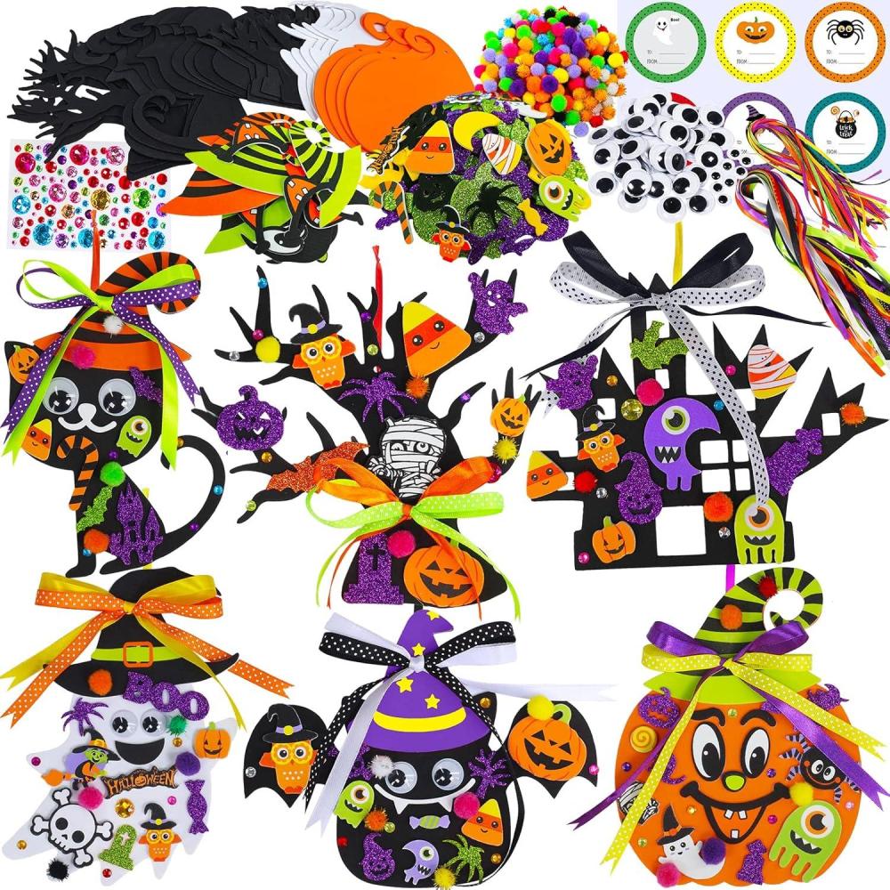 imageWinlyn 24 Sets Halloween Craft Kits DIY Halloween Pumpkin Ghost Bat Black Tree Ornaments Decorations Art Sets Fall Crafts Foam Stickers Arts and Crafts Supplies Kit for Kids Party Classroom Activities