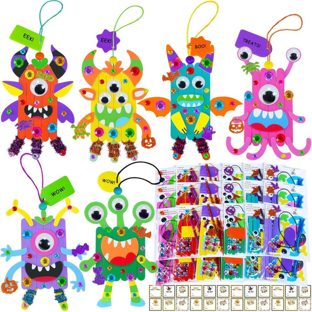 imageWinlyn 24 Sets Halloween Craft Kits Fall Kids Crafts DIY Craft Stick Monster Ornaments Decorations Art Set Monster Foam Stickers Arts and Crafts for Kids Classroom Activities Party Favors