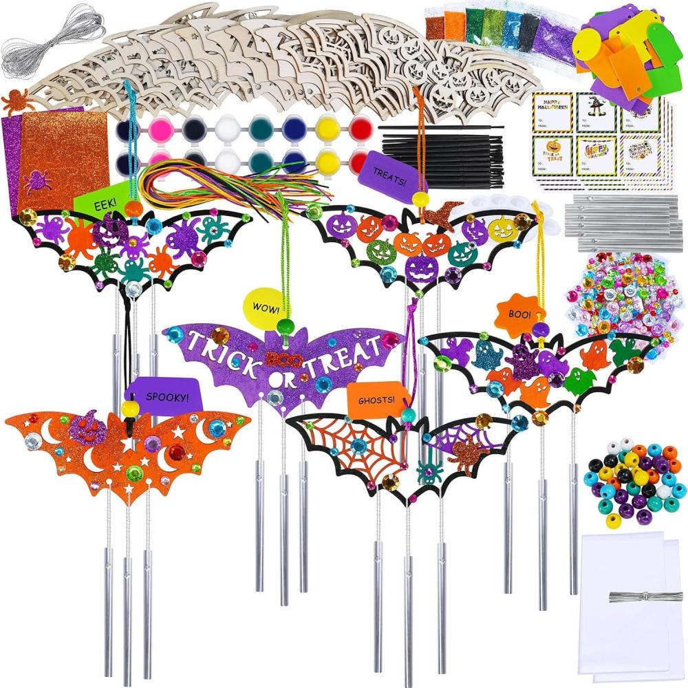 imageWinlyn 24 Sets Halloween Crafts Fall Crafts Halloween Bat Craft Kits DIY Wooden Bat Wind Chimes Ornaments Craft Kits for Kids Classroom Activities Art Project Halloween Decorations Party Favors