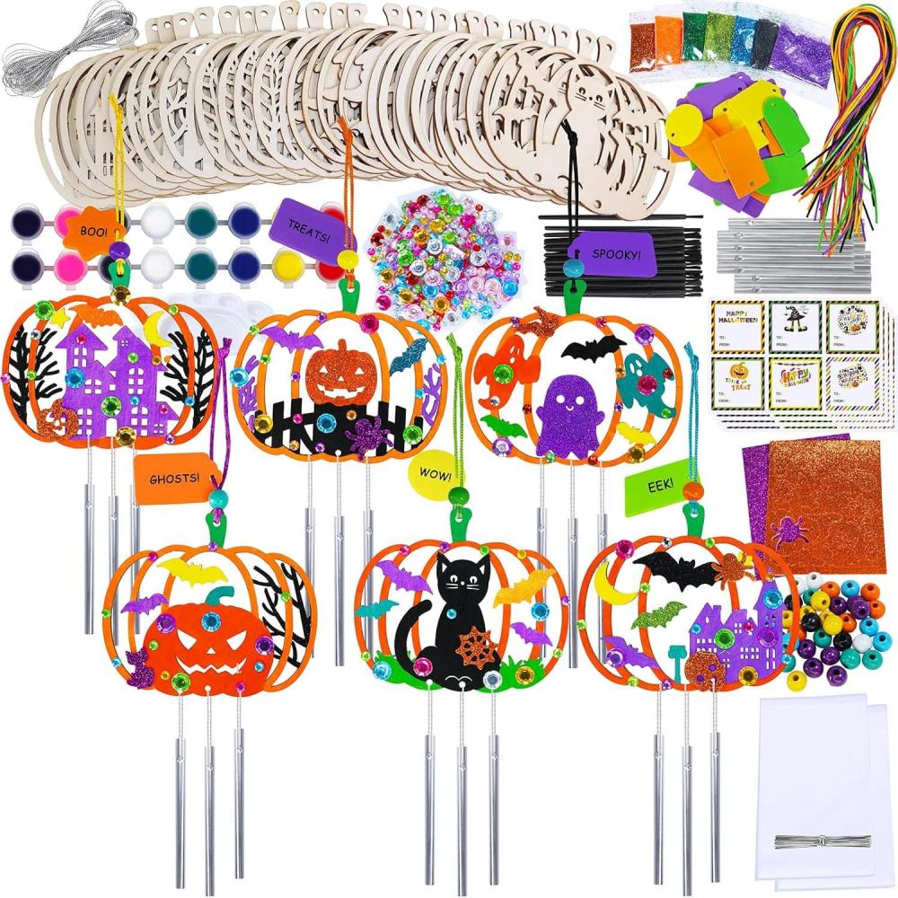 imageWinlyn 24 Sets Halloween Crafts Fall Pumpkin Crafts DIY Unfinished Paintable Wooden Pumpkin Wind Chimes Ornaments Craft Kits for Kids Classroom Activities Art Project Halloween Decoration Party Favors