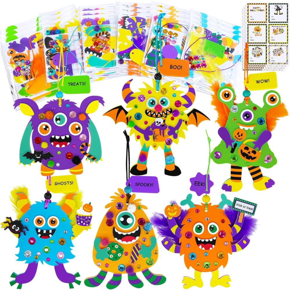 imageWinlyn 24 Sets Halloween Monster Craft Kits Halloween Crafts for Kids Individual Fall Crafts DIY Monster Ornaments Foam Halloween Arts and Crafts for Kids Classroom Activities Art Project Party Favors