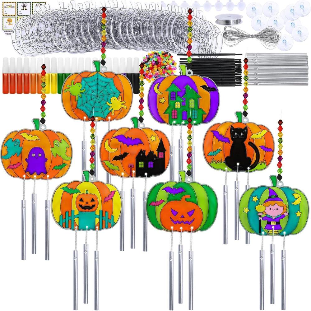 imageWinlyn 24 Sets Halloween Pumpkin Suncatcher Wind Chime Ornaments Decorations DIY Window Paint Art Suncatcher Craft Kits Pumpkin Sun Catchers for Kids Classroom Halloween Activities Holiday Art Project