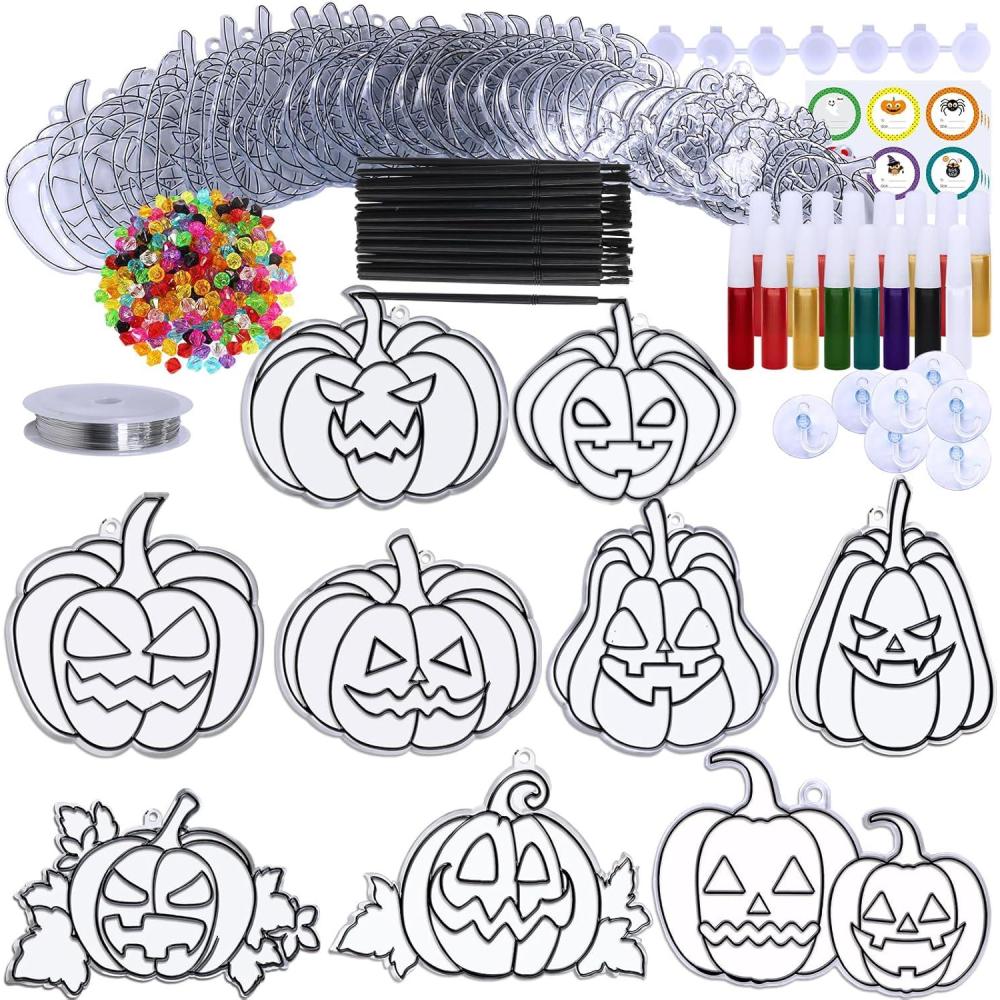 imageWinlyn 27 Sets Halloween Pumpkin Suncatchers Ornaments Decorations DIY Window Paint Art Suncatchers Craft Kits JackOLantern Sun Catchers for Kids Classroom Activities Fall Halloween Art Project