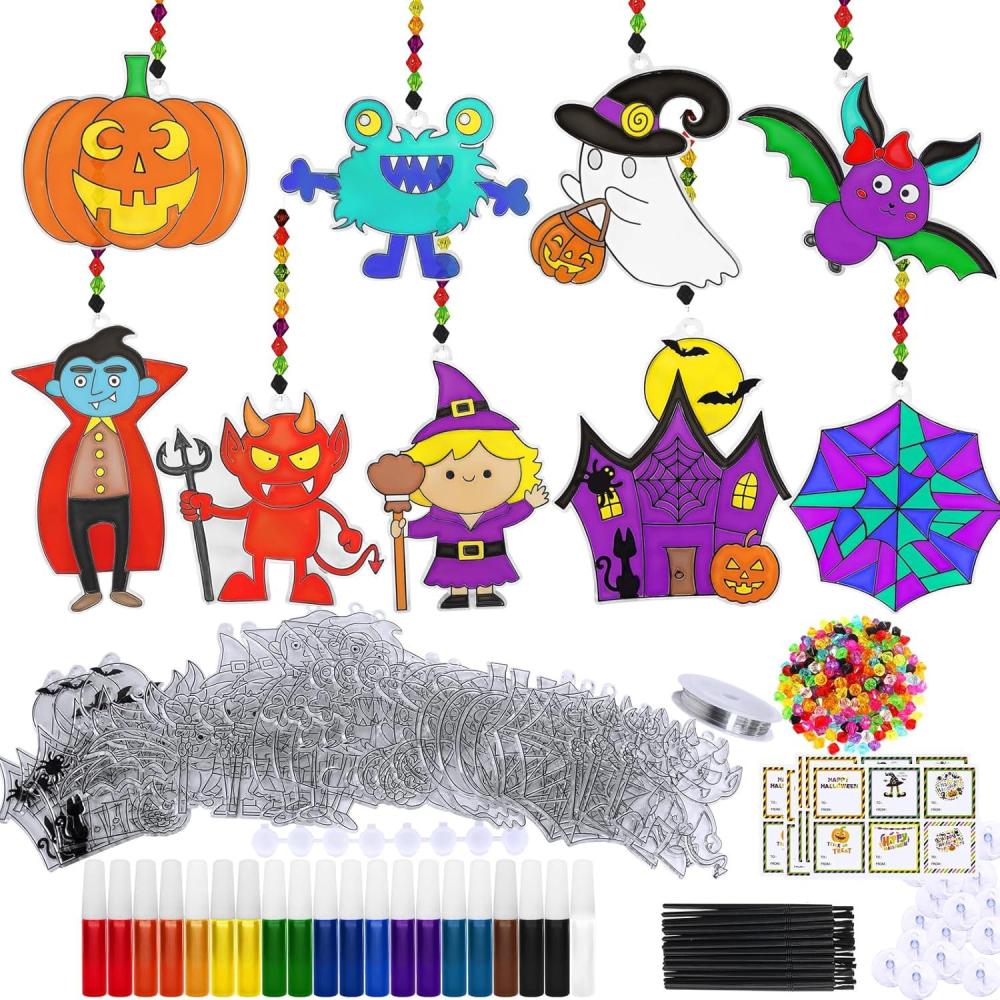 imageWinlyn 27 Sets Halloween Suncatchers Ornaments Decorations DIY Window Paint Art Suncatchers Halloween Craft Kits Bat Ghost Spider Monster Sun Catchers for Kids Classroom Party Activities Art Project