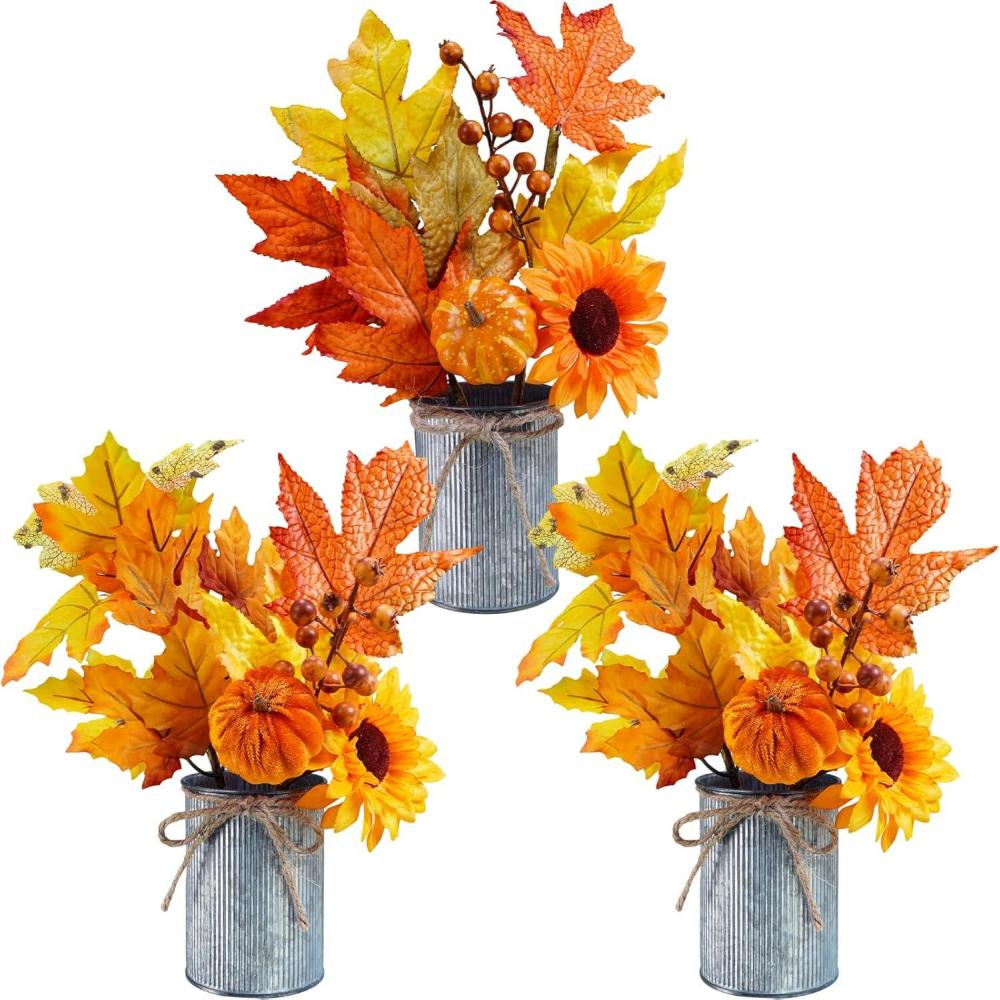 imageWinlyn 3 Pack Fall Faux Potted Plants Rustic Thanksgiving Floral Arrangements Artificial Fall Harvest Maple Leaf Picks in Metal Pots for Kitchen Home Autumn Wedding Table Centerpieces Mantel Decor