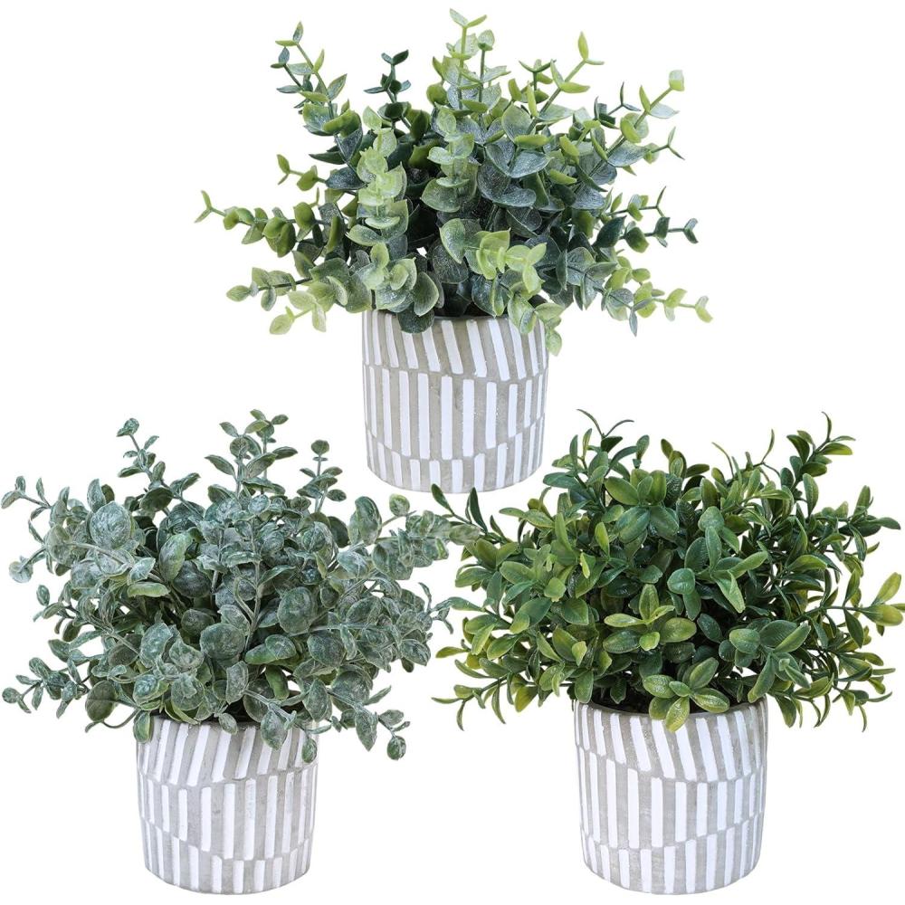 imageWinlyn 3 Pcs Artificial Eucalyptus Boxwood Plants in Grey Textured Cylinder Concrete Planter Pots Small Potted Plants Faux Greenery Decorations for Modern Farmhouse Home Office Bookshelf Tabletop